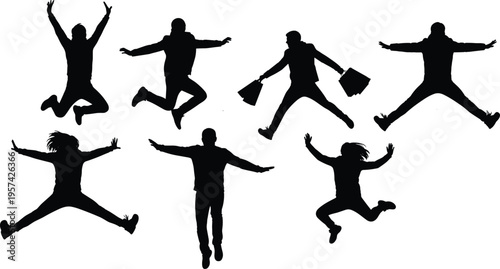 Silhouettes of jumping people celebrating freedom energy happiness motion dynamic group isolated on white background creative business lifestyle concept idea