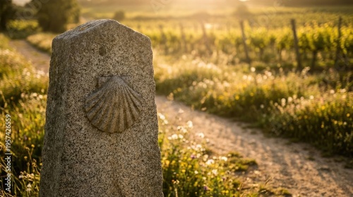 Camino de Santiago marker stone with scallop shell in a sunlit vineyard landscape