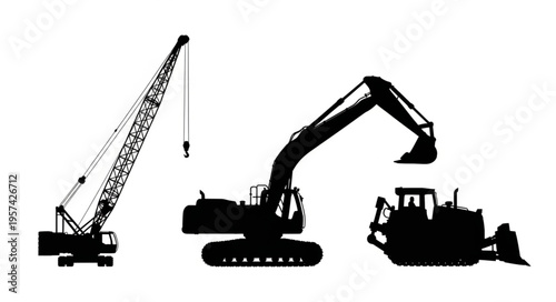 Silhouetted Construction Equipment - Crane, Excavator, and Bulldozer.