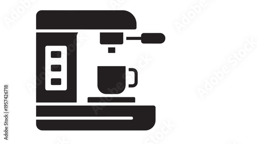 Espresso machine icon with cup and steam, symbolizing morning coffee preparation and beverage brewing.