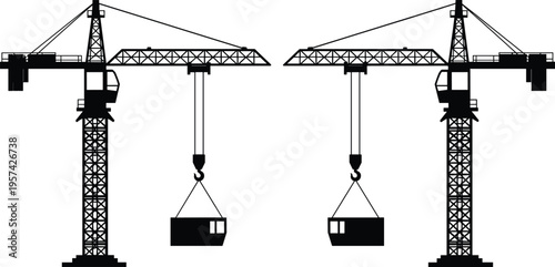 Two industrial construction cranes silhouettes lifting heavy containers against a white background for civil engineering and building site project development concepts