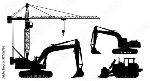 Construction Equipment Silhouette - Crane, Excavators, and Bulldozer.