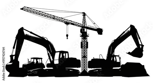 Construction Equipment Silhouette - Crane, Excavators, and Bulldozer on White.