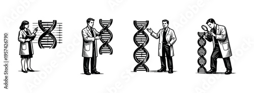 Scientists studying dna structure black and white vector illustration with genetic elements