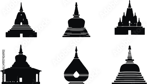 Stupa vector silhouettes set of ancient Buddhist temple icons