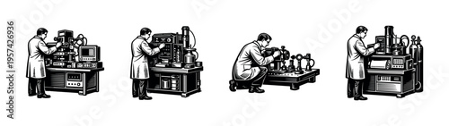 Scientists working in laboratory with advanced equipment silhouette vector illustration