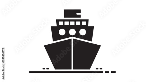 Ship front view icon with simple geometric shapes and dark lines suggesting movement on water featuring vessel, boat, symbol with graphic and design
