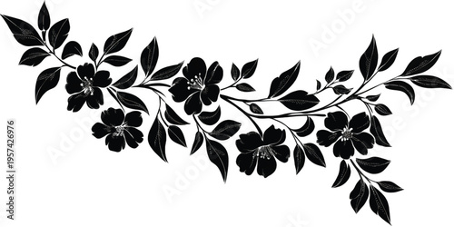 A detailed black and white vintage floral illustration featuring a delicate blooming vine motif