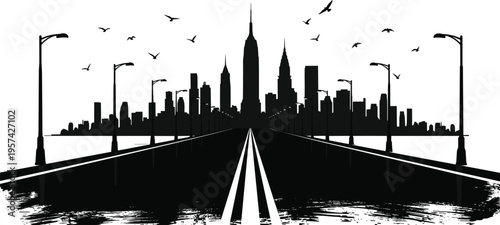 Urban Cityscape Skyline Silhouette With Long Road Perspective Highway Street Lights And Birds Flying Over Skyscraper Buildings For Metropolitan Design