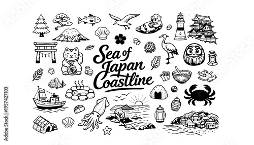 Sea of Japan coastline vector illustration with various icons and landmarks