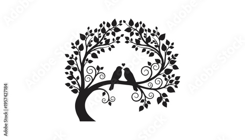 A tree silhouette with two birds sitting on a branch together