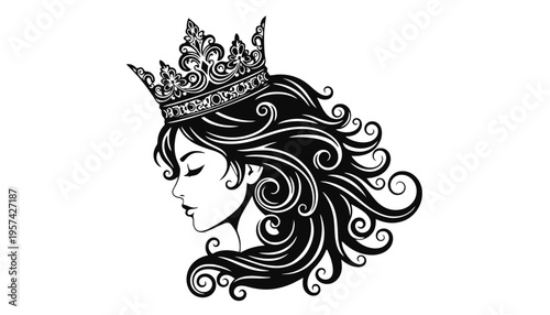 A beautiful queen icon illustration with a crown and long hair