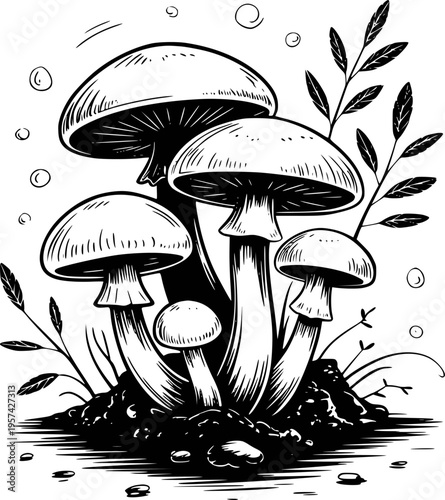 Black and white of a cluster of mushrooms growing from the ground with delicate leaves