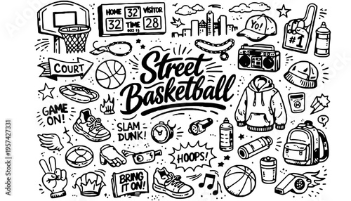 A black and white illustration of street basketball icons and symbols