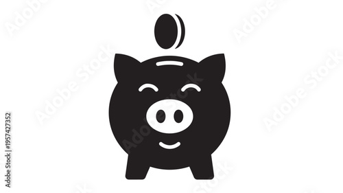 Piggy bank icon with a coin being inserted, representing savings and financial accumulation in a simple, stylized black graphic design.