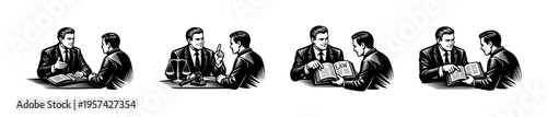 Vector illustration of businessmen in vintage style, discussing and reading, black and white silhouette