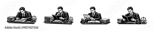 Vintage style black and white vector illustration of a man reading at a desk with books, lamp, and scales