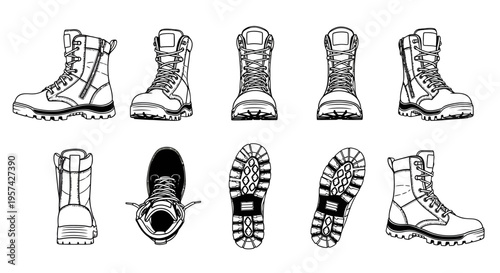 Military Tactical Combat Boots Vector Illustration Multi-Angle Grid Set Isolated on White Background for Defense Apparel and Survival Gear Design