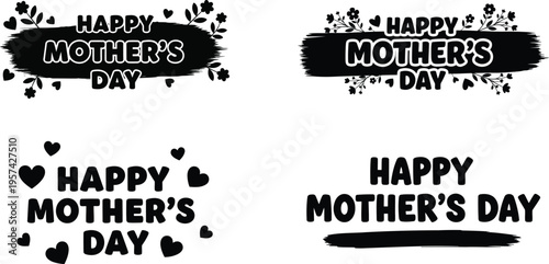Happy Mother’s Day Silhouette Design Set with Hearts and Flowers