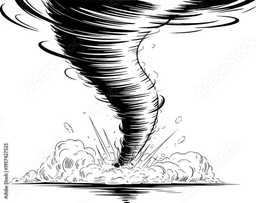 Black and white of a powerful tornado with swirling debris and clouds a white background