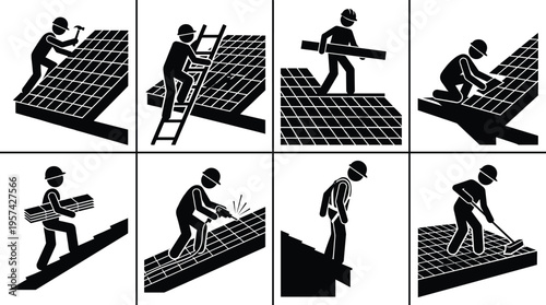 Vector illustration set of roofing construction workers installing shingles using ladders hammers and safety gear on various house roof pitch designs