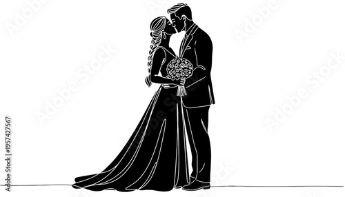 A wedding couple silhouette illustration in a romantic pose