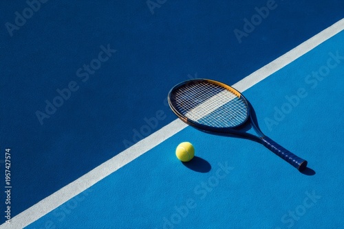 Still life image of a tennis racket with tennis ball on a blue hard court 
