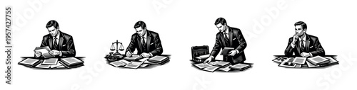 Black and white businessman illustration set with office documents and legal scales vector silhouette