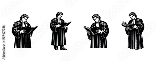 Black and white vector illustration of a lawyer reading in robes silhouette style