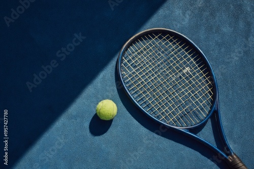 Still life image of a tennis racket with tennis ball on a blue hard court 