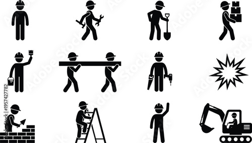 Vector Illustration Silhouette Set of Construction Workers Performing Various Tasks Including Masonry Painting Climbing Ladders and Using Tools for Building Industry Projects