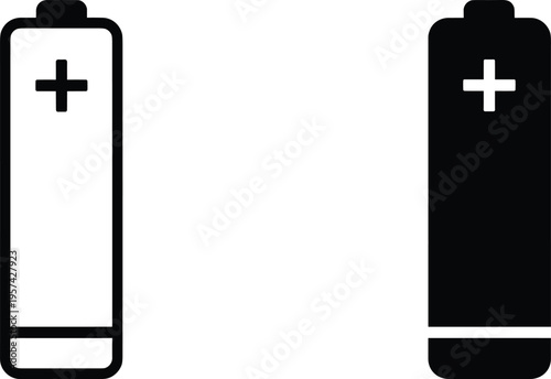 Alkaline battery icon set featuring minimalist black line art and solid silhouette style for energy power electricity storage and electronic device charging