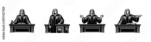Black and white vector illustrations of judges in different poses behind podiums