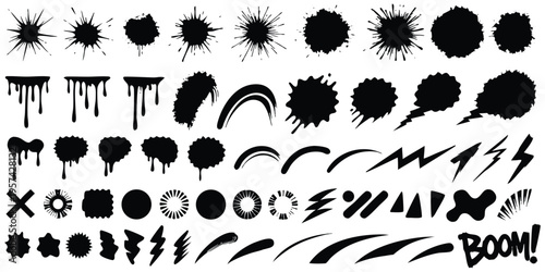 Spray graffiti vector set with splatter, drips, brush strokes, smile accents and black grunge style, including ink stains, heart shapes and circles.