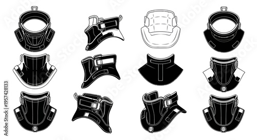 Ballistic Neck Protector Collar Vector Illustration Multi-Angle Set Isolated on White Background for Tactical Body Armor and Defense Marketing