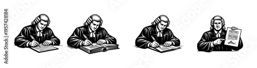 Black and white vector illustration of historical judge writing and reviewing documents silhouette elements
