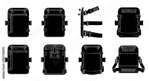 Tactical Modular Admin Pouch Drop Leg Panel Black and White Vector Illustration Multi-Angle Set Isolated on White Background for Military Gear Design