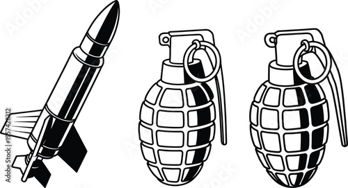 Military equipment outline set rocket and grenade vector illustration army defense icons black line isolated design collection