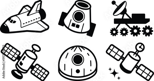 Black and white vector illustration of space shuttle, capsule, rover, satellites, and exploration module icons representing futuristic spacecraft technology and outer space missions.