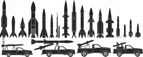 Military rockets and launcher vehicles silhouette set defense equipment vector army transport truck missile system black isolated design collection