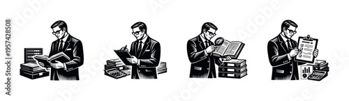 Businessman in vintage style analyzing documents black and white vector illustration