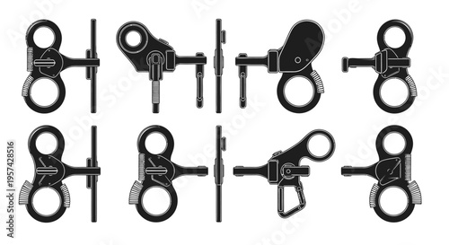Climbing Descender Belay Device Black and White Technical Vector Set Multi-Angle Grid Isolated on White Background for Mountaineering and Tactical Rescue Design