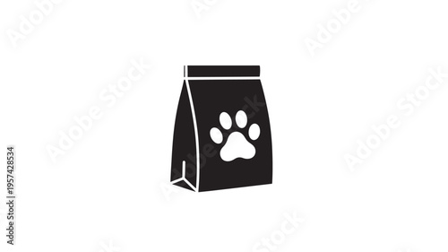 Bag of dog food with a paw print symbol, graphic illustration with clear outlines on a white background