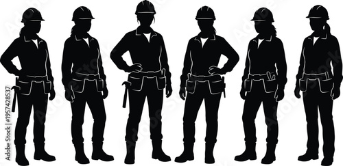 Women construction workers silhouette set featuring female builders and engineers wearing hard hats industrial workwear and tool belts in standing poses