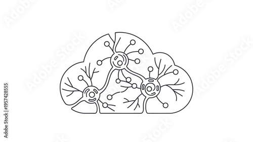 Abstract representation of a digital brain within a cloud network, symbolizing artificial intelligence, data processing, and interconnected computing infrastructure
