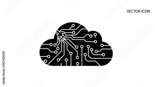 Modern digital vector icon illustrating a cloud filled with a complex circuit pattern, signifying innovative cloud computing and connected technological solutions