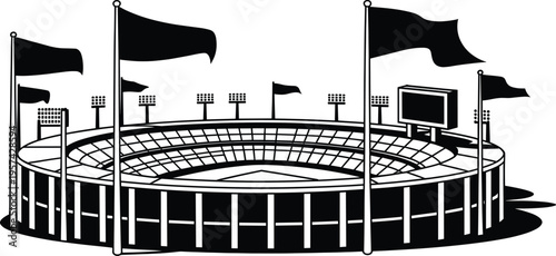 Sports stadium arena silhouette vector with flags floodlights scoreboard modern architecture football cricket venue illustration black isolated design
