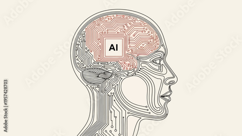 Conceptual illustration showing artificial intelligence as a circuit board within a human head profile, symbolizing advanced cognitive technology and the future of thought