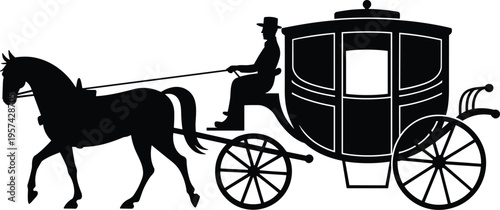 Black silhouette of horse-drawn carriage with driver guiding reins, representing vintage transportation, historical travel, 18th–19th century lifestyle, and classic passenger vehicle design.