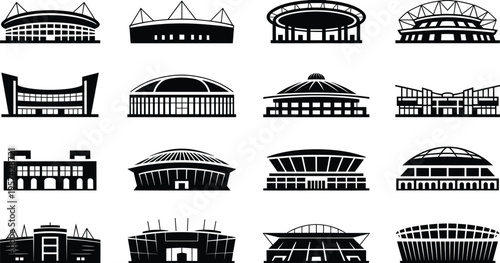 Stadium icons set silhouette vector sports arena buildings collection football cricket venue architecture black isolated design bundle illustration pack